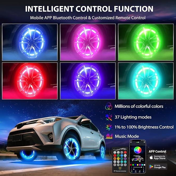 4PCS RGB LED Wheel Rim Lights with Bluetooth and Remote Control,3-Row Wheel Ring Light Kits with Turn Signal and Braking Function Tire Lights for Pickup Truck SUV Car (15inch)