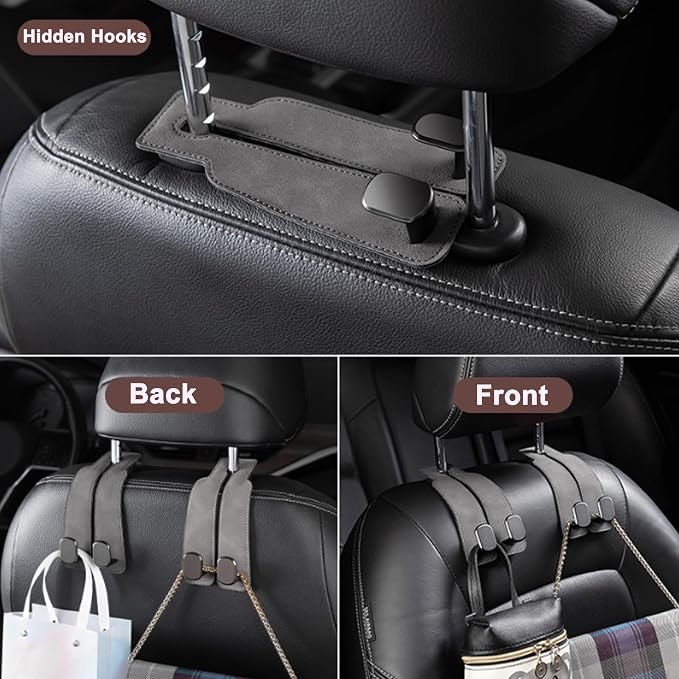 Amelity Car Headrest Hooks, Purse Hook for Vehicle 2 Pack Gray | Universal Car Interior Accessories for Women, Available in 2/4 Pack, Storage Hanger Holds Purses, Backpacks, Grocery Bags