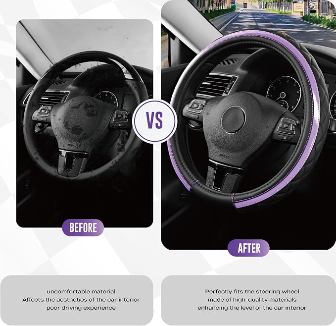 Leather Steering Wheel Cover – Black & Purple, Universal Fit 14.5-15 Inch, Microfiber Leather, Anti-Slip & Breathable Design for Men and Women