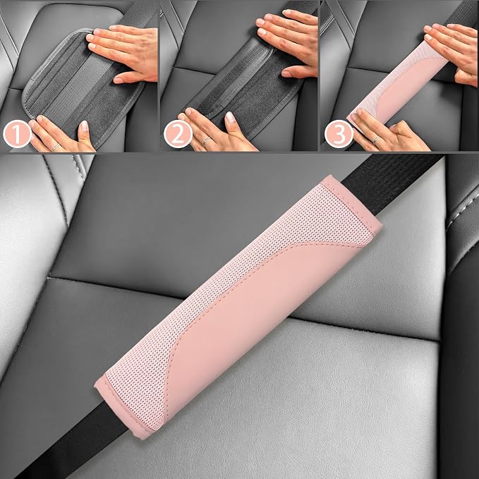6 PCS Nappa Microfiber Leather Pink Steering Wheel Cover Set, Breathable Fabric Steering Wheel Cover 14.5-15inch Universal, Car Center Console Cover, Seat Belt Cushion, Cup Holder Coaster