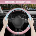 Steering Wheel Cover, Light Blue Patterned & Pink Leather Patchwork Design, Universal Fit 14.5"–15.5", Anti-Slip, Odor-Free, Soft Grain Leather, Durable Grip Car Accessory for Girls & Women