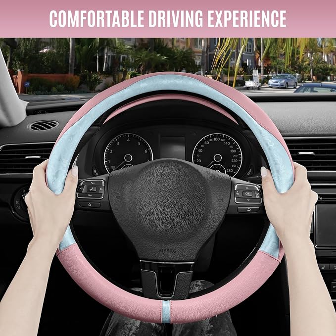Steering Wheel Cover, Light Blue Patterned & Pink Leather Patchwork Design, Universal Fit 14.5"–15.5", Anti-Slip, Odor-Free, Soft Grain Leather, Durable Grip Car Accessory for Girls & Women