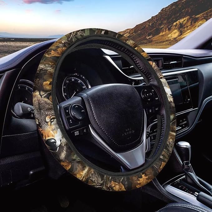 Wolf Camo Hunting Forest Car Steering Wheel Cover 15 Inch, Soft Stretch Anti-Slip Washable Car Accessory Decor Universal Fit for Sedan SUV Truck