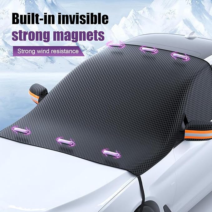 Car Windshield Snow Cover, Thickened Reflective Car Front Window Sun Protection, Secure Adsorption All-Season Windshield Snow Ice Cover with Side Window, Universal for Most Cars (Black)