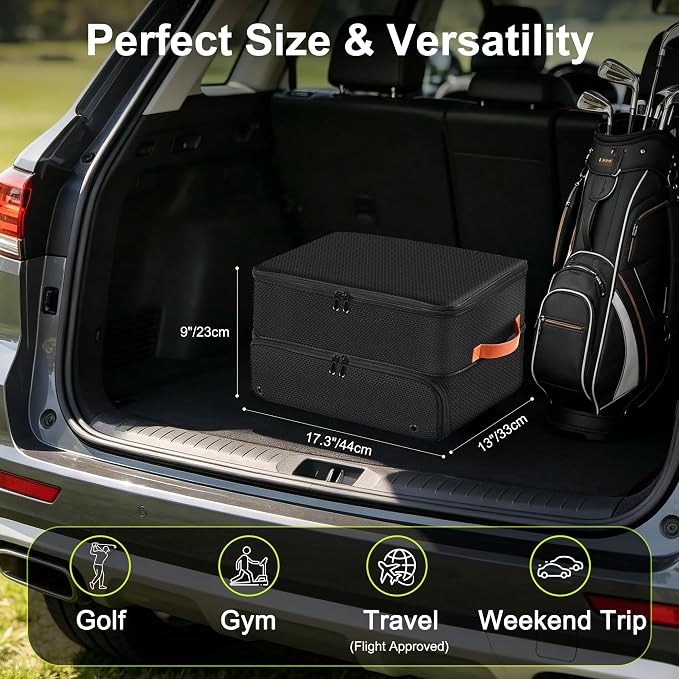 Golf Trunk Organizer, 2 Layer Golf Storage Bag with Ventilated Shoe Compartment, Golf Accessories Equipment Locker, Cool Birthday Gifts for Men Dad Women(Black)