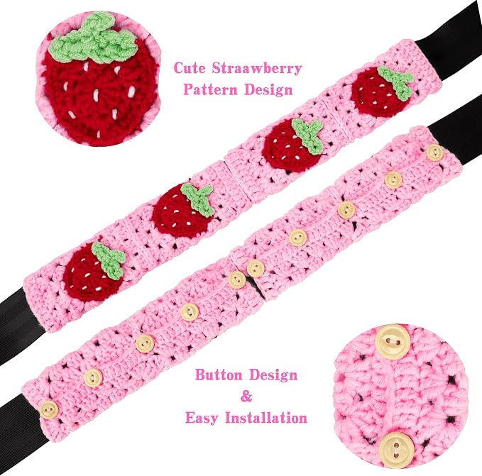 Crochet Steering Wheel Cover Set,Cute Car Steering Wheel Cover Boho 14-15in,Pink Strawberry Granny Square Pattern,Women Car Accessories (Wheel Cover Set)