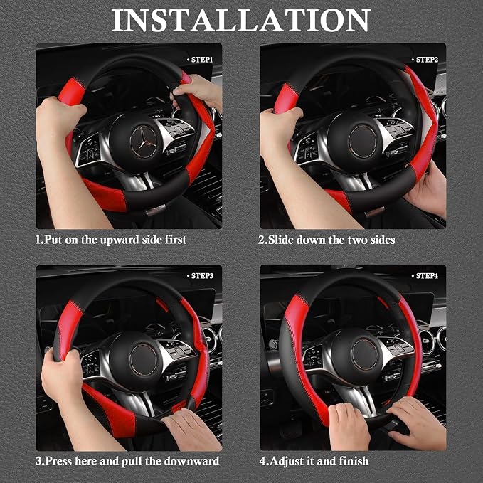 Faux Leather Steering Wheel Cover and Waterproof Car Floor Mats,Universal Car Combo Fit for 95% Sedan,SUV,Cars,14.5-15inch Sporty Anti-Slip Safety Comfortable Design(Black＆Red)