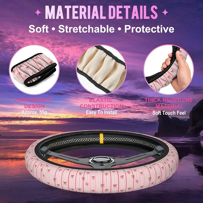 Pink Bows on Stripes Steering Wheel Cover for Women Men Neoprene Breathable Wheel Cover Protector Anti-Slip Car Accessories Universal 15 Inch Fit for Cars Trucks Vehicles