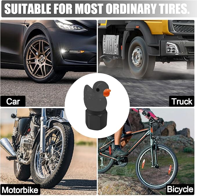 4 Pack Cute Duck tire Valve caps, Glow in The Dark Tire Valve Caps, Interesting and Practical Tire Decoration, Can be Used for Cars, Motorcycles, Trucks, and Bicycles.(Black)