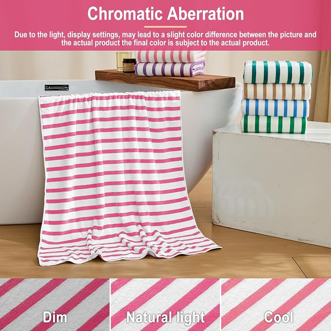 Microfiber Bath Towels Set, 2 Pack, 30" x 60", Absorbent Quick Drying Beach Towel Cabana Stripe for Adult, Travel, Summer, Sport, Swimming, Pool, Yoga, Camping, Microfiber StripePink