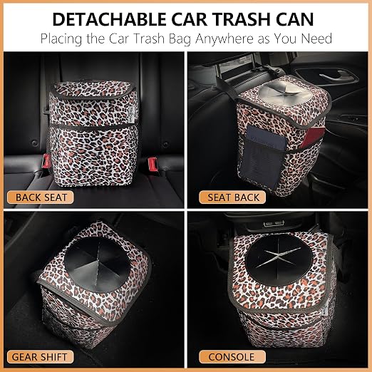 Leopard Car Trash Can with Lid & Coasters | 2 Gallon Leak-Proof Hanging Garbage Bin for Back Seat | Waterproof Storage Organizer & Cooler Bag for Road Trips, SUVs & Family Travel