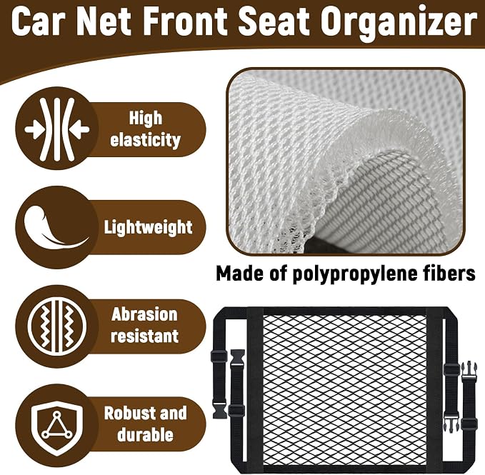 Front Seat Organizer, Car Seat Organizer, Double Layer Front Seats Versatile Elastic Organizers Net, Storage Mesh Nets for Seats, Universal Car Accessories for Most Vehicles