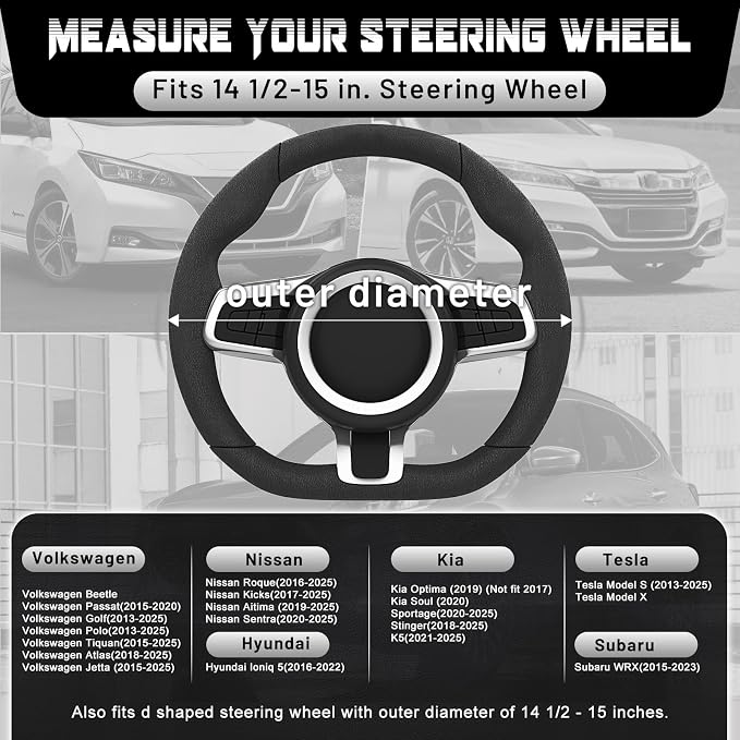 Flat Bottom Steering Wheel Cover, D Shaped Car Wheel Cover 14 1/2-15 in. (37-39 cm), Black Microfiber Leather