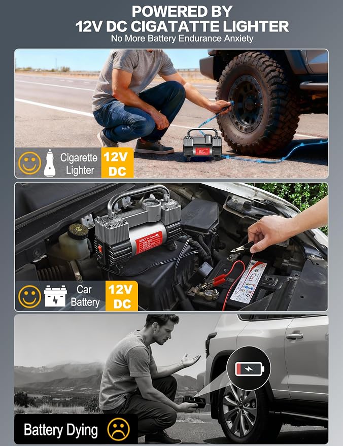 12V Heavy Duty Tire Inflator Metal Portable Air Compressor Pump | 6X Faster Inflation Double Cylinders 150PSI Air Pump with Adapter for Car, RV,Pickup Truck, SUV, Van,Camper, Air Bed,Ball