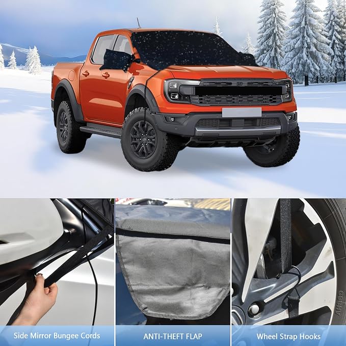 Windshield Snow Cover Fit for Ford Ranger 2021-2026, Waterproof 2-Layer Oxford Fabric Windshield Cover with S-Hook Elastic Straps Car Frost Protector with Side Mirror, Winter Frost Hail Protector