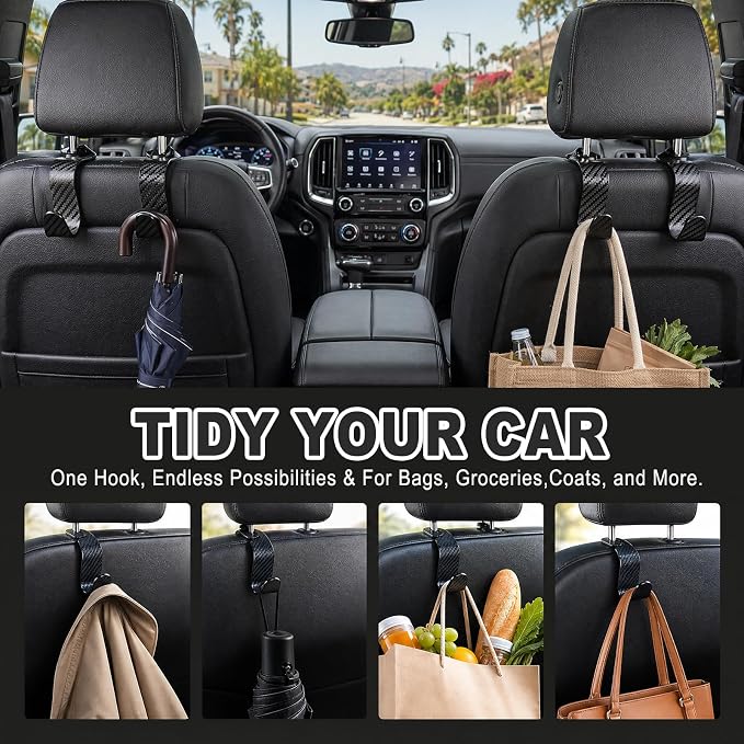 Car Seat Hooks for Headrest 4 Pack, Car Seat Back Storage Hook, Universal Vehicle Headrest Hanger for Purse, Handbag, Coat, Umbrella, Grocery Bags, Practical Interior Accessories