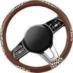 Steering Wheel Cover - Made with PVC Leather and Leopard Fabric - Universal 14 1/2 inches to 15 inches for Most Automotive Steering Wheel - Cheetah Print - Brown