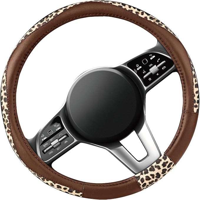 Steering Wheel Cover - Made with PVC Leather and Leopard Fabric - Universal 14 1/2 inches to 15 inches for Most Automotive Steering Wheel - Cheetah Print - Brown