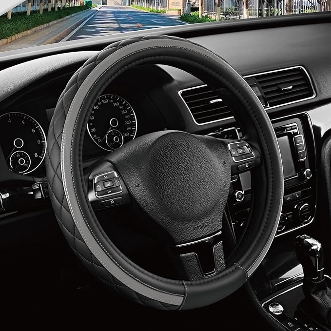 Leather Steering Wheel Cover – Black & Gray, Universal Fit 14.5-15 Inch, Microfiber Leather, Anti-Slip & Breathable Design for Men and Women
