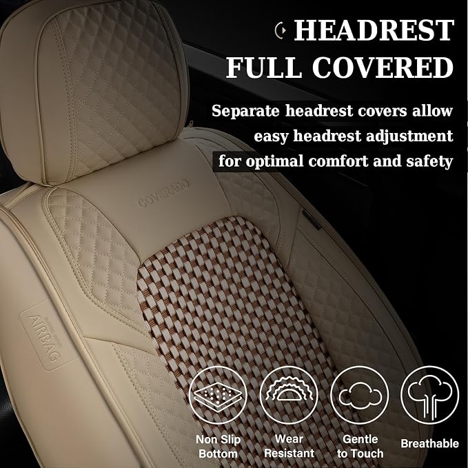 Coverado Seat Covers Full Set, 5 Seats Universal Seat Covers for Cars, Beige Car Seat Covers Front Seats Back Seat Cover, Breathable Car Seat Cushion, Leather Seat Cover Seat Protector Fit Most Cars