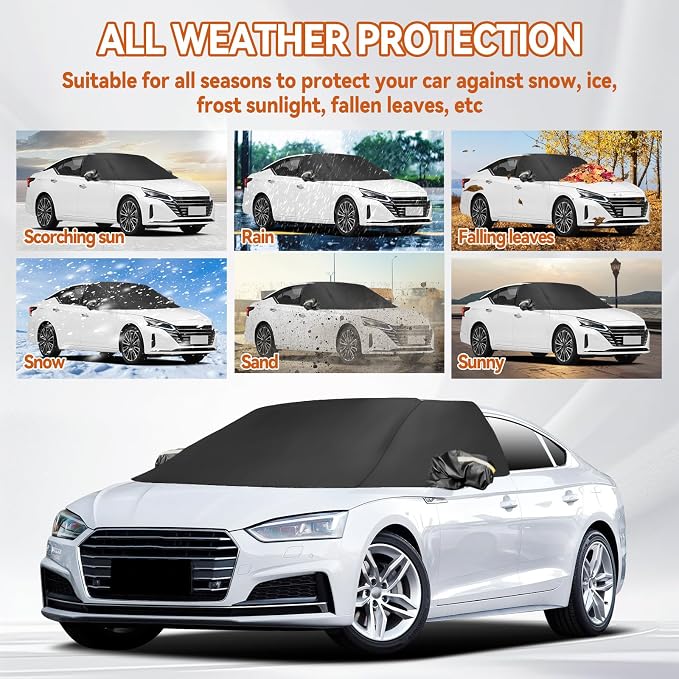 Windshield Window Snow Cover with 2 Hooks and 2 Mirror Covers Ice and Snow Front Window Sunshade Cover Fit for SUVs, Trucks, Cars (Black-Sedans)