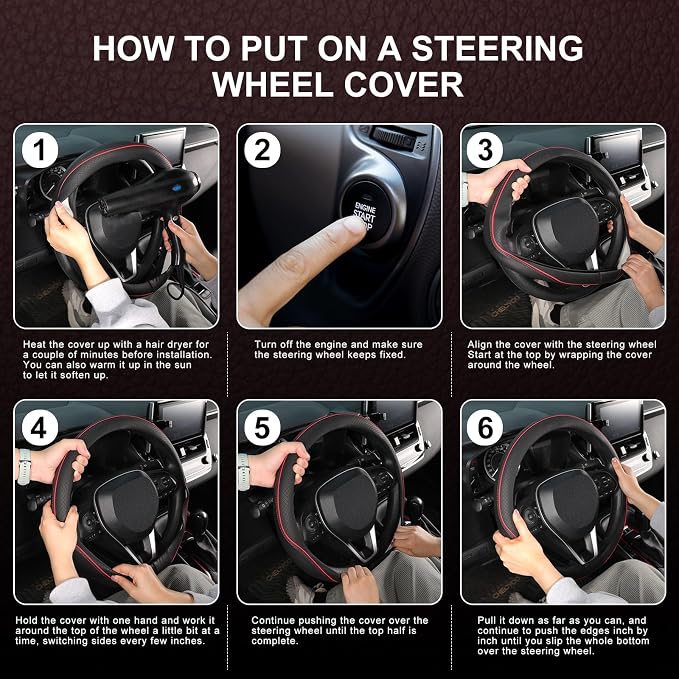 Steering Wheel Cover 14.5-15 inch (37-39 cm) Medium Size, Microfiber Leather, Non-Slip Comfortable Grip, Fits Cars Trucks SUVs, Black and Red
