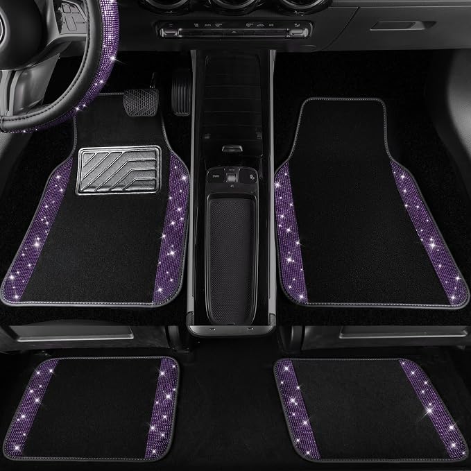 Bling Rhinestones Diamond Car Floor Mat, Crystal Sparkly Shining Glitter Carpet, Waterproof Anti-Slip PVC Heel Pad Universal Fit Interior Set SUV,Sedan,Van,4pcs Girl Women Men Violet Purple