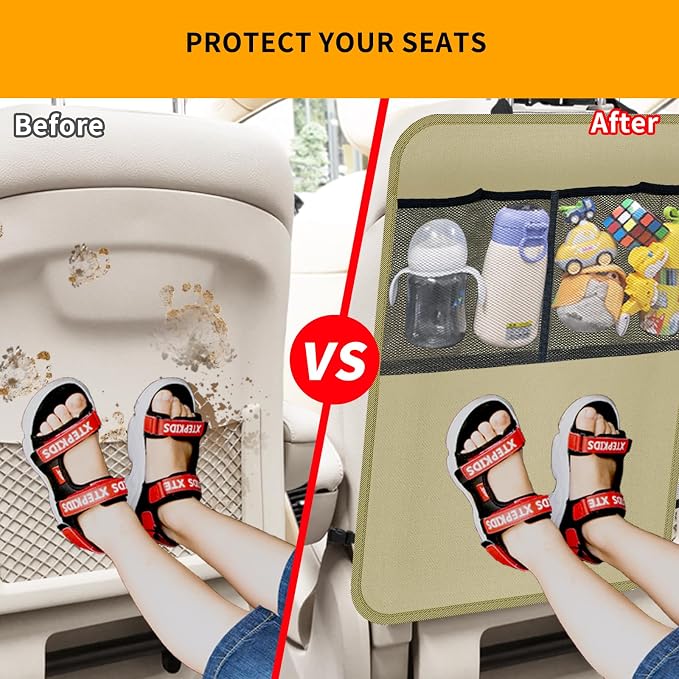 2 Pack Kick Mat Backseat Protector,Back Seat Cover for Kids,Car Seat Back Protectors with 2 Pocket Storage Organizer for Car, SUV, Minivan or Truck Seats (Beige)
