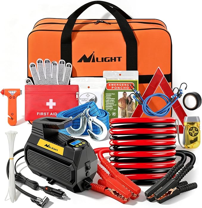 Car Emergency Kit with Jumper Cable, First Aid Kit Safety Assistance Tools for Travel Camping Outdoor Cars Truck SUV RV, Roadside Essentials with Flash Light