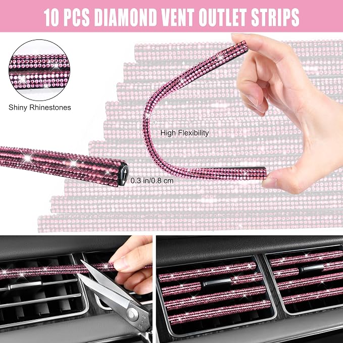 Bling Pink Car Accessories Set for Women, Sparkly Rhinestone Diamond Steering Wheel Cover Seat Belt Cushion Glitter Shift Knob Cover Car Cup Holder Coaster Cute Interior Sets, Pink 22 PCS