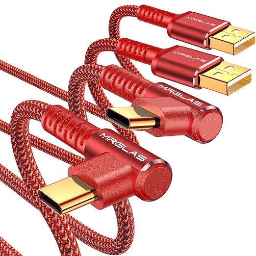 3.2A USB C Charger Cable,[2-Pack,6.6+6.6FT] USB A to USB C Right Angle Gold-Plated Type C Charger Fast Charging Durable Braided Cord for iPhone 17 16 15 Samsung S10 S9 Note 10 S21 LG-Red