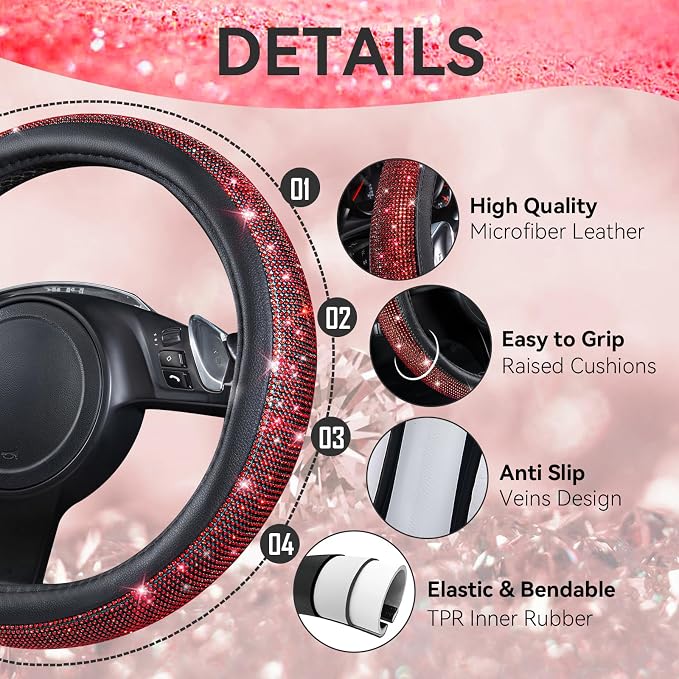 Bling Diamond Leather Steering Wheel Cover 14.5in-15in Floor Mats Shining Rhinestone Carpet Sparkly Glitter Crystal Anti-Slip Pad Fit Automotive SUV Pickup Truck Girl Women, 5pcs Black Red