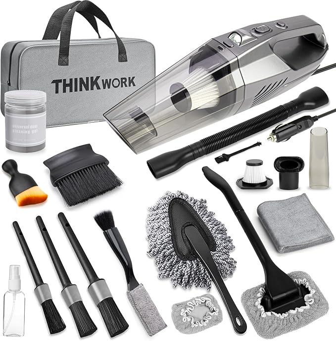 Car Cleaning Kit, Car Vacuum Kit, Gray Car Interior Detailing Kit with 8000PA High Power Vacuum, Including 7Pcs Detailing Brush Set and Bag