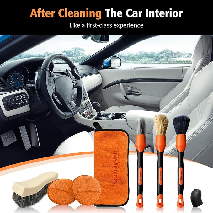 7PCS Car Interior Detailing Kit, Horse Hair Car Leather Brush, Applicator Pads and Microfiber Cloth for Car Interior & Seats Leather, Interior Car Cleaning Kit, Orange