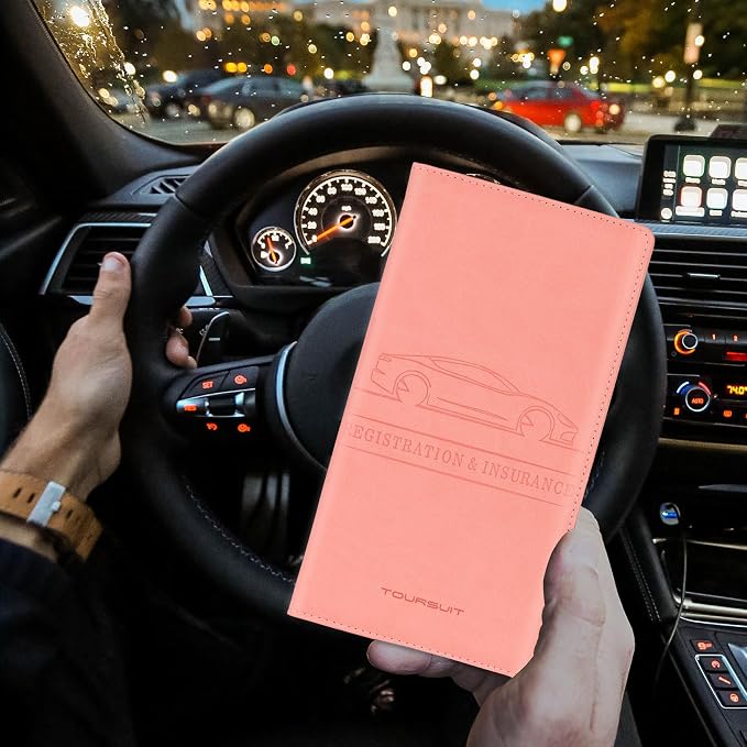 Car Registration and Insurance Card Holder, Vehicle License Document Glove Box Compartment Organizer, Interior Car Accessories for Women Men (Pink)