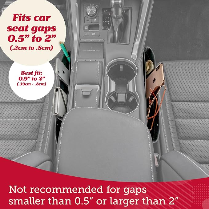 Car Seat Gap Organizer - Pack of 2 - Prevents Items Falling & Seat Gap Filler - Universal Fit 0.5"-2" Slots & Automotive Use - Easy Clean Design for Auto Accessories - Gray Faux Leather