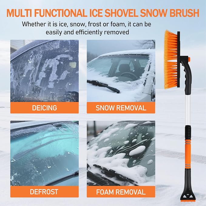 30.7" Snow Brush and Ice Scrapers for Car Windshield Detachable Snow Scrapers with Foam Grip 360° rotatable for Cars, Trucks, SUVs 1Pcs Orange