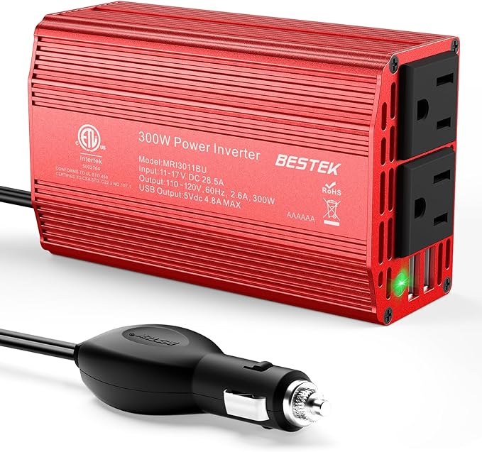 Power Inverter DC 12V to AC 110V - 300W Car Plug Adapter Outlet with 4.8A Dual USB Fast Charging Port - Car Charger Cigarette Lighter Adapter for Phone, Laptop on Road Trip - Aluminum Housing