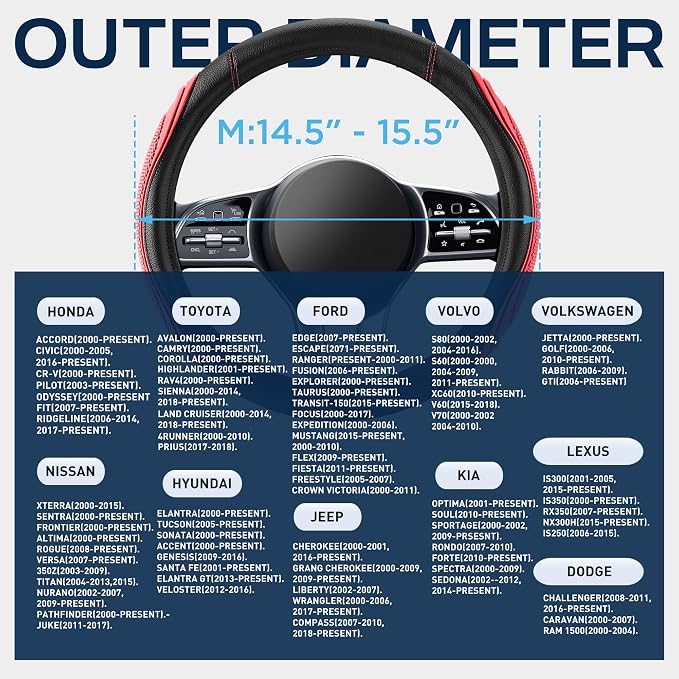 Car Steering Wheel Cover - Microfiber Leather Steering Wheel Wrap Sports 14.5-15 Inch Steering Wheel Cover Non-Slip for Men Women Red Color