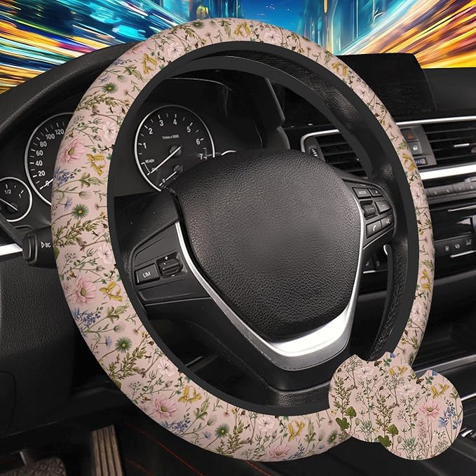 Pink Wildflower Steering Wheel Cover for Women, Anti-Slip Butterfly and Bee Car Steering Wheel Cover with 2 Pcs Cup Holders Neoprene Breathable Car Accessories Universal 15 Inch Auto Interior Decor