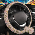Pink Wildflower Steering Wheel Cover for Women, Anti-Slip Butterfly and Bee Car Steering Wheel Cover with 2 Pcs Cup Holders Neoprene Breathable Car Accessories Universal 15 Inch Auto Interior Decor