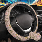 Pink Wildflower Steering Wheel Cover for Women, Anti-Slip Butterfly and Bee Car Steering Wheel Cover with 2 Pcs Cup Holders Neoprene Breathable Car Accessories Universal 15 Inch Auto Interior Decor