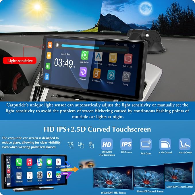 Carpuride W903 9.3" Wireless Carplay & Android Auto with Dash Cam | 4K Front & 1080P Rear Camera, Loop Recording, Bluetooth Audio, Mirror Link, GPS
