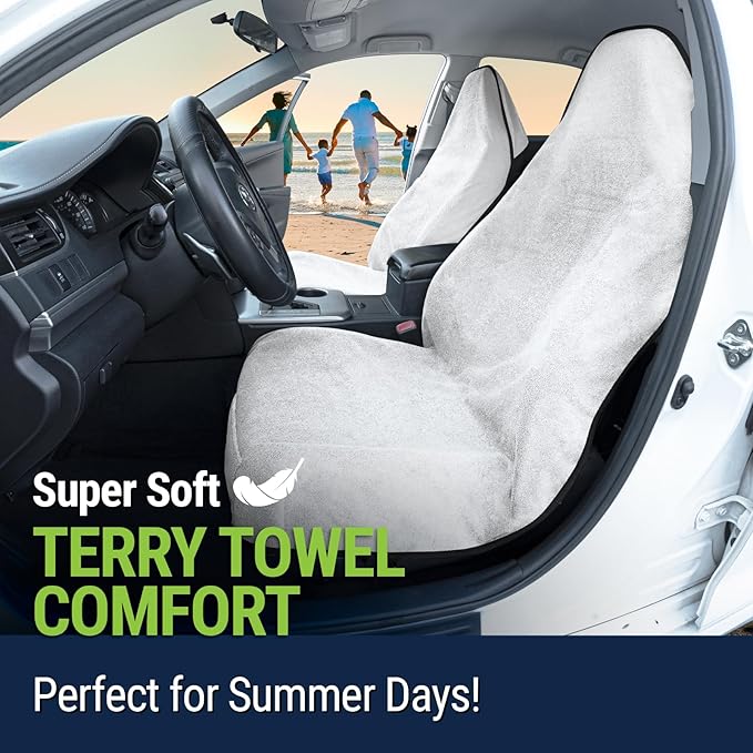 Towel Seat Cover, Waterproof Car Seat Protectors for Gym, Workout & Active Lifestyle, Universal Fit for Car SUV Truck Van, Non-Slip 3 Strap Design, Machine Washable, 2 Pack White