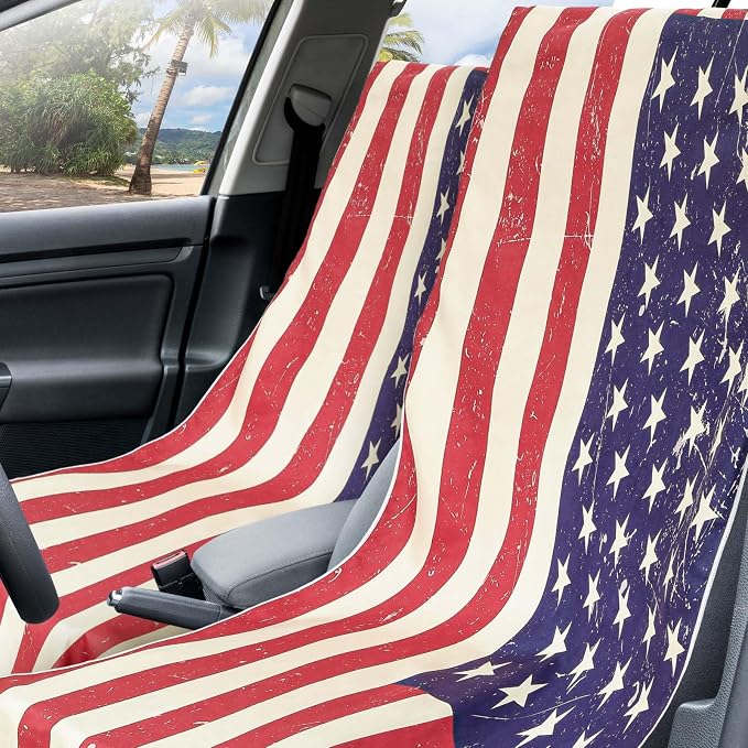 Car Seat Towel Covers with Storage Bag, 63 x 32 Inch Universal Non Slip Waterproof Sweat Protector for Car Truck, Gym Swimming Running, Machine Washable(2 Pack,American Flag)