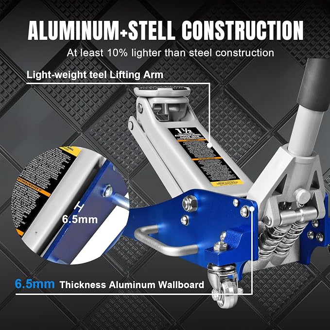 T815016L Torin Hydraulic Low Profile Aluminum and Steel Racing Floor Jack with Dual Piston Quick Lift Pump, 1.5 Ton (3,000 lb) Capacity, Blue, T815016L