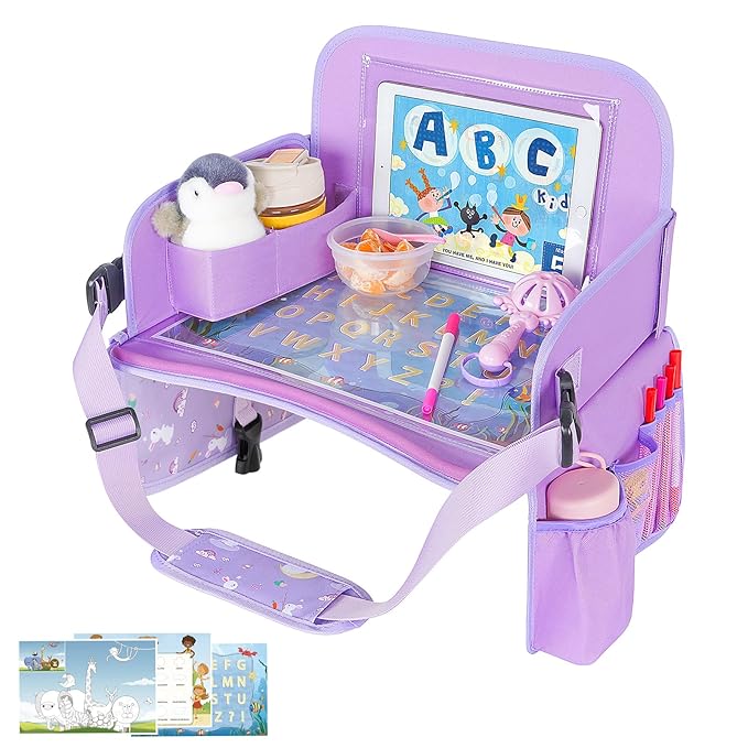 Kids Travel Tray for Car Seat, Road Trip Essentials Kids Lap Tray | Toddler Gift for Girl Activities with Dry Erase Board, No-Drop iPad Holder Stand, Cup Holder & Adjustable Strap, Purple