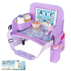 Kids Travel Tray for Car Seat, Road Trip Essentials Kids Lap Tray | Toddler Gift for Girl Activities with Dry Erase Board, No-Drop iPad Holder Stand, Cup Holder & Adjustable Strap, Purple