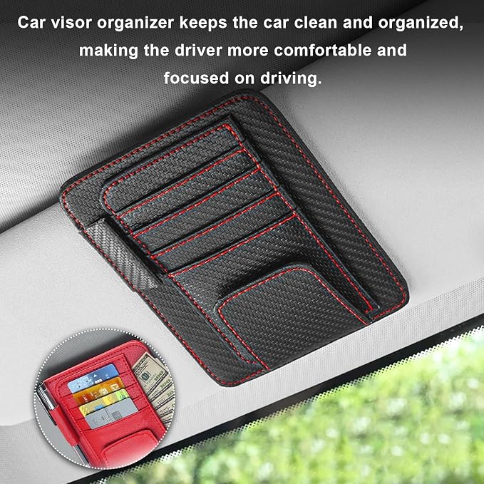 Small Leather Car Sun Visor Organizer, Multifunctional Auto Visor Document Holder with Sunglasses Clip, Universal Car Interior Organizer for Driving License, Card, Pen (Black&Red)