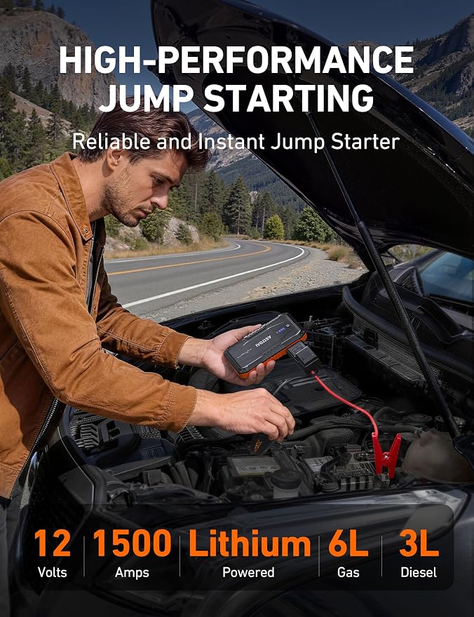 S8 Car Battery Jump Starter 1500A – Portable 12V Lithium Jump Box with 3 Mode Flashlight, Power Bank & Smart Jumper Cables - for 6.0L Gas and 3.0L Diesel Engines